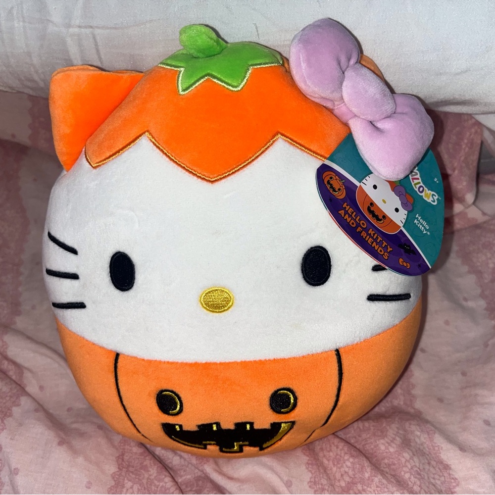 Hello Kitty Orange White Plush with Purple Bow and Green Leaf